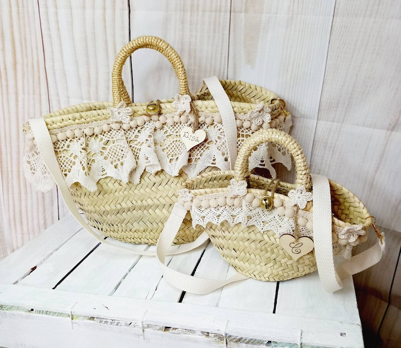 sac de plage en paille personnalisé avec nom, orné de dentelle, bandoulière amovible image 6