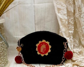 Black bouclè fabric shoulder clutch bag with dark brown embroidered insert, Sicilian style, handmade, Christmas gift