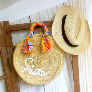 Round Straw Bag with Traditional Sicilian Scarf, Mediterranean Style