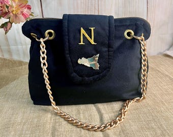 Black Velvet Clutch Bag, personalized with initial, made in Italy, Elegant handmade shoulder bag