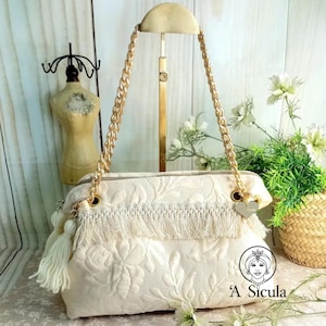 Sac Boston avec chaîne bandoulière, en tissu brocart crème, frange en coton, cadeau pour petite amie