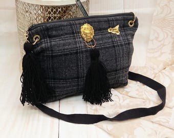 Harris Tweed bag, gift for mom, black tartan bag, Scottish wool bag