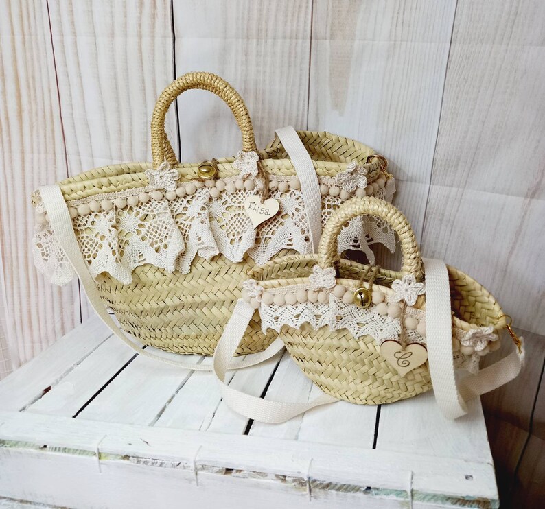 sac de plage en paille personnalisé avec nom, orné de dentelle, bandoulière amovible image 5