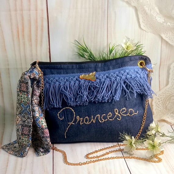 Borsa a tracolla personalizzata con nome ricamato a mano, pochette