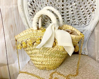 Sac en paille pour demoiselle d'honneur, sac de mariée personnalisé avec prénom, sac avec écharpe, sac de plage