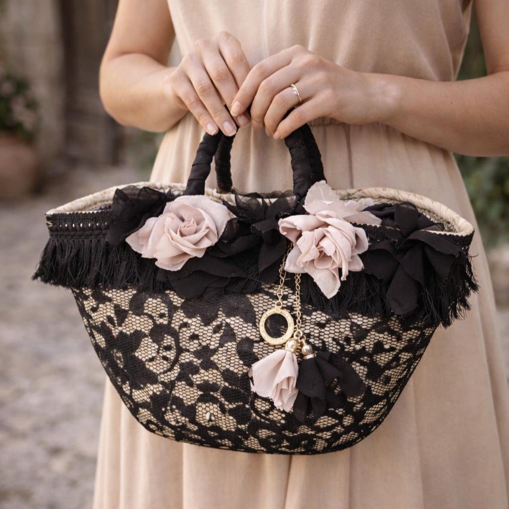 Women's Straw Bag With Black Lace and Silk Flowers, Sicilian Coffa