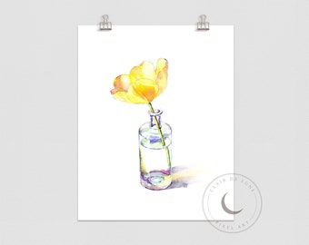 Yellow tulip and vintage apothecary bottle, watercolor art , Art-print MTO, Ships Rolled