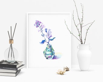 Lavender Blooms and vintage glass bottle, watercolor art, Art-print made on demand Ships Rolled