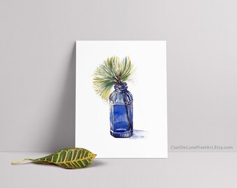 White Pine Blue Bottle Pen and Ink with Watercolor, art print MTO, Ships Rolled