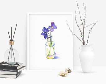 Wild Violets and vintage apothecary bottle, watercolor art , Artprint made on-demand, Ships Rolled