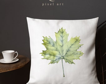Maple Leaf Square Throw Pillow, hand-drawn green leaf, back of a maple leaf