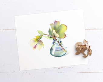 Spring Green Hellebores Blooms in vintage inkwell, watercolor glass and hellebores flowers, Art-print made on demand Ships Rolled