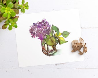 Blooming Lilac branch and vintage apothecary bottle, watercolor art , Artprint made on-demand, Ships Rolled