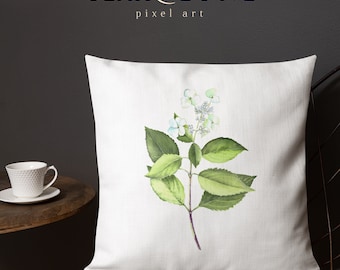 Starting to bloom, White Green Hydrangea Square Throw Pillow, hand-drawn hand-painted art