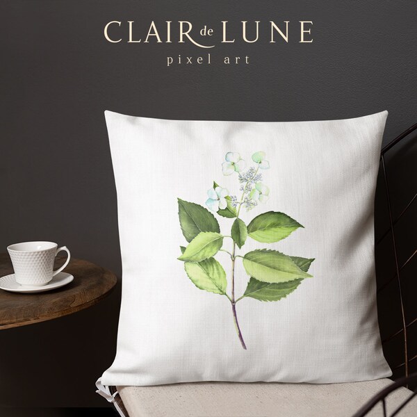 Starting to bloom, White Green Hydrangea Square Throw Pillow, hand-drawn hand-painted art