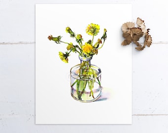 Done Blooming, dandelions and vintage apothecary bottle, watercolor art , Artprint made on-demand, Ships Rolled