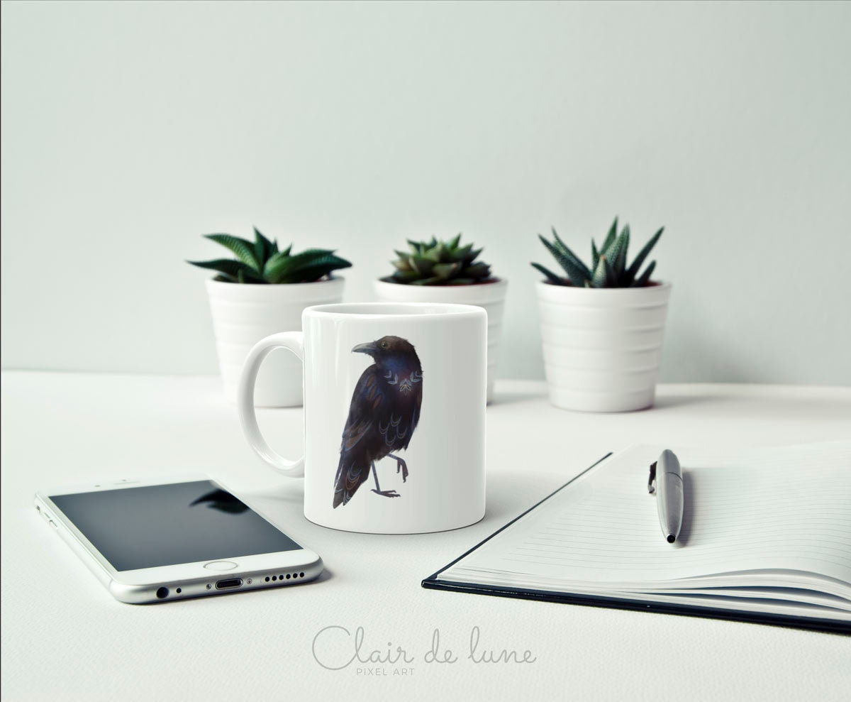 Black Raven Coffee Mug stylized raven 11oz. MTO Etsy España