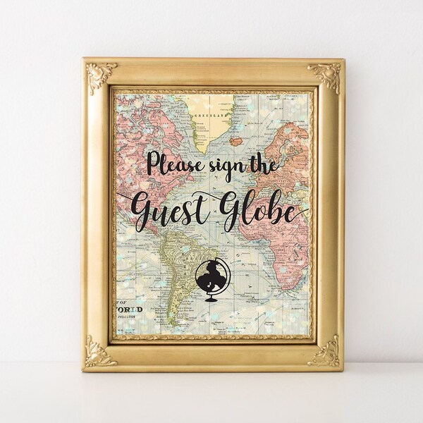 Please Sign The Guest Globe Sign World Map 8x10, Globe Guestbook, Wedding Globe,  Guest Globe, Travel Wedding Party Theme,