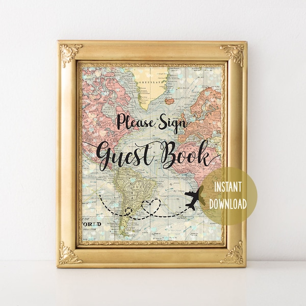 Please Sign Guest Book Sign World Map 8x10, Travel Themed Guestbook, Wedding Guest Book,  Travel Wedding Party Theme, Guestbook Sign