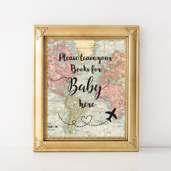 Books For Baby Sign World Map 8x10 Travel Theme, Printable, Baby Shower, Books and Gifts Sign, Travel Party Decorations, World Map