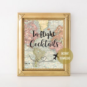 Znak koktajli w locie Mapa świata 8x10 Podróże Ślub Temat, Do druku, Wózek z szampanem, Mimosa Bar, Wino, Dekoracja imprezy, Vintage