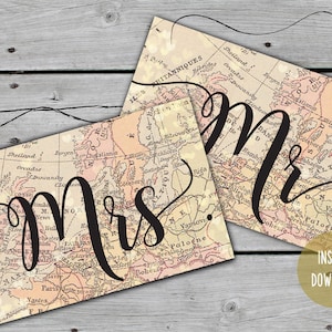 Printable Mr and Mrs Chair Signs, Wedding Chair Signs, Mr and Mrs Chair Sign Set, Bride & Groom Chair Decor, Travel Themed Wedding Party image 1