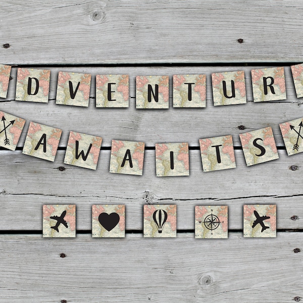 Printable Adventure Awaits Bunting, World Map Travel Themed, Baby Shower, Bridal Shower Bunting, Party Banner, Wedding Garland,