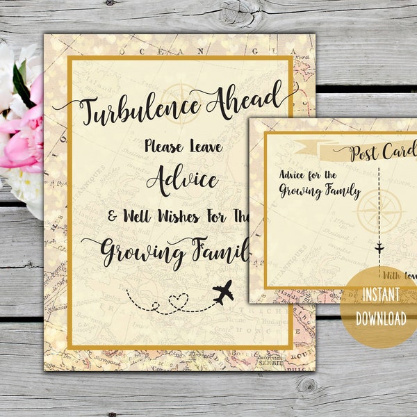 Printable Turbulence Ahead Advice For The Growing Family Sign, Baby Shower Game, Airplane, Mom Advice Cards, Adventure Map, Travel