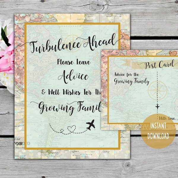 Printable Turbulence Ahead Advice For The Growing Family Sign, Baby Shower Game, Airplane, Mom Advice Cards, Adventure Map, Travel