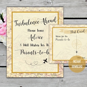 Consejos imprimibles de turbulencia por delante para los futuros padres, viajes, juego de baby shower, avión, tarjetas de consejos para mamá, mapa de aventuras