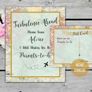 Consejos de turbulencia imprimibles por delante para los futuros padres, juego de baby shower, avión, tarjetas de consejos para mamá, mapa de aventuras, viajes