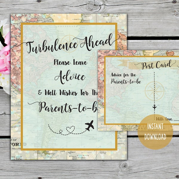 Printable Turbulence Ahead Advice For The Parents-To-Be Sign, Baby Shower Game, Airplane, Mom Advice Cards, Adventure Map, Travel