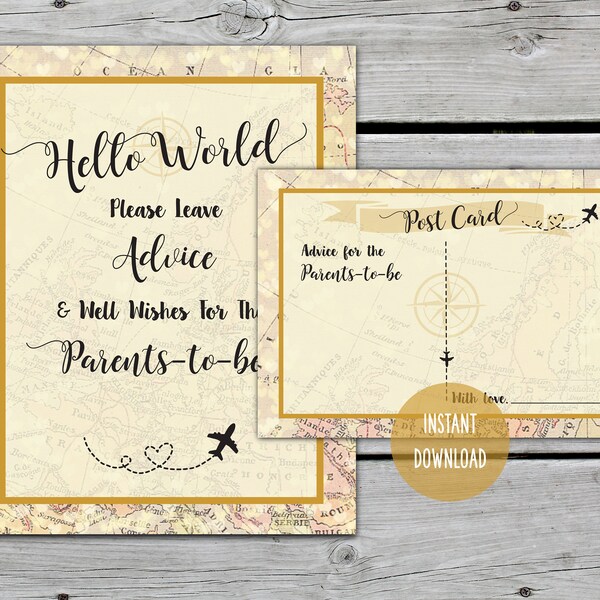 Printable Advice For The Parents-To-Be Sign, Hello World, Baby Shower Game, Baby Shower Activity Games, Mom Advice Cards, Travel