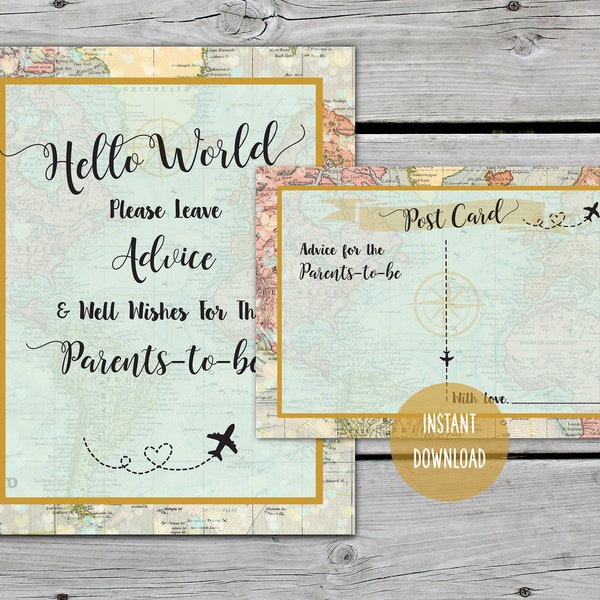 Printable Advice For The Parents-To-Be Sign, Hello World, Baby Shower Game, Baby Shower Activity Games, Mom Advice Cards, Travel