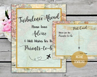 Printable Turbulence Ahead Advice For The Parents-To-Be Sign, Baby Shower Game, Airplane, Mom Advice Cards, Adventure Map, Travel