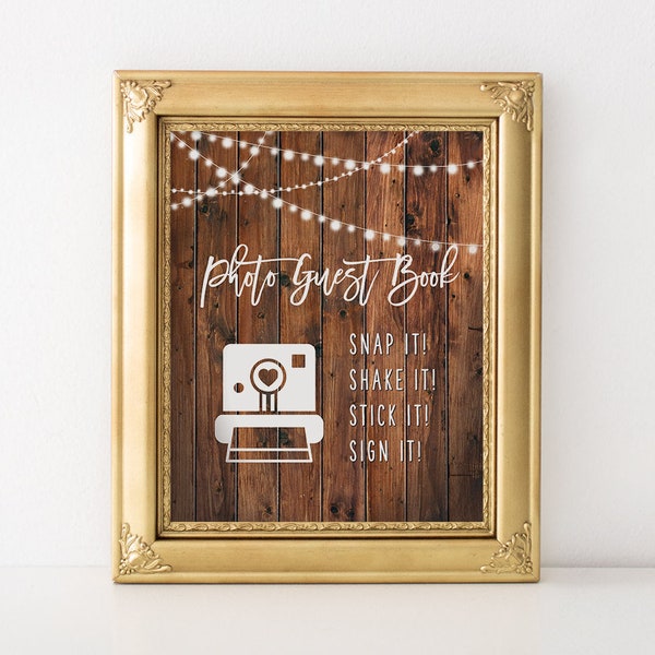 Printable Photo Guest Book, Rustic Photo Guest Book, String Lights, Polaroid sign, Polaroid Guest Book, Wedding, Instax Guestbook
