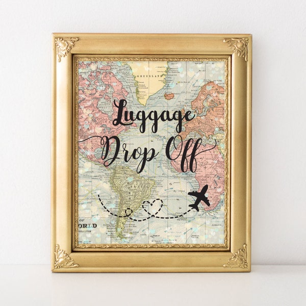 Printable Luggage Drop Off Sign World Map 8x10 Travel Wedding Theme, Printable Travel Baby Shower, Travel Party Decorations, Vintage