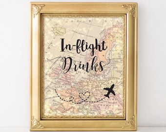 Printable In Flight Drinks Sign World Map 8x10 Travel Wedding Theme, Bridal Shower, Travel Party Decorations, Drinks, Beverages