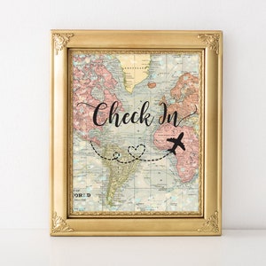 Segno di check-in stampabile Mappa del mondo 8x10 Tema della festa nuziale di viaggio, In giro per il mondo, Arrivi degli ospiti, Bomboniere, L'avventura attende