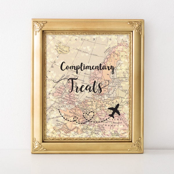 Printable Complimentary Sweet Treats Sign World Map 8x10 Travel Wedding Theme, Bridal Shower, Inflight Treats, Dessert Bar