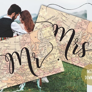 Printable Mr and Mrs Chair Signs, Wedding Chair Signs, Mr and Mrs Chair Sign Set, Bride & Groom Chair Decor, Travel Themed Wedding Party image 2