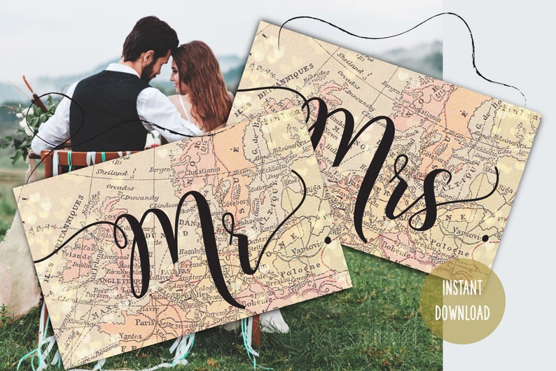 Printable Mr and Mrs Chair Signs, Wedding Chair Signs, Mr and Mrs Chair Sign Set, Bride & Groom Chair Decor, Travel Themed Wedding Party image 2