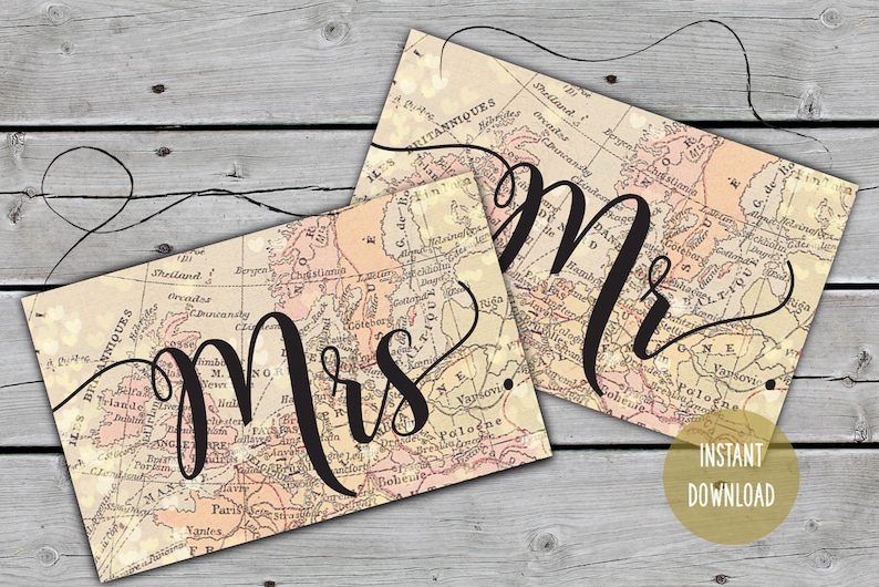 Printable Mr and Mrs Chair Signs, Wedding Chair Signs, Mr and Mrs Chair Sign Set, Bride & Groom Chair Decor, Travel Themed Wedding Party image 1