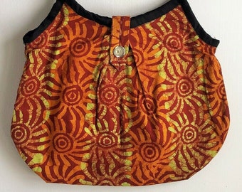 Orange Black African Batik Print Tote Large Size  Cotton Quilted Button