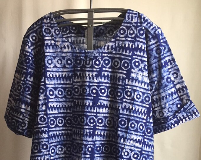 African Cotton Batik Round Neck Tunic Indigo Blue 1X