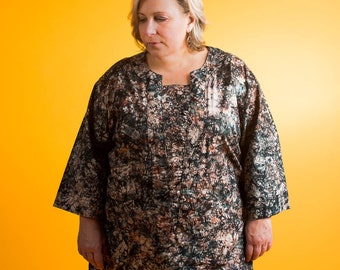 African Cotton Tunic Front Placket Plus Size 3X Multi Colored Marbled Batik