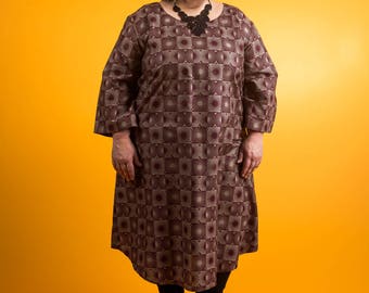 African Cotton Dress Sun Print Bell Sleeve A-line Plus Size 1X 2X Gray Purple