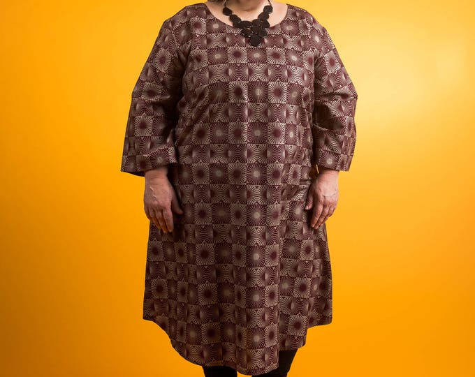 African Cotton Dress Sun Print Bell Sleeve A-line Plus Size 1X 2X Gray Purple