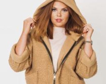 Wool Blend Jacket Textured Hooded Plus Size 16 - 22 Camel