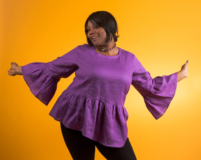 Linen Ruffled Tunic Top Purple Plus Sizes 14W, 16W, 22W Petite, 24W Long